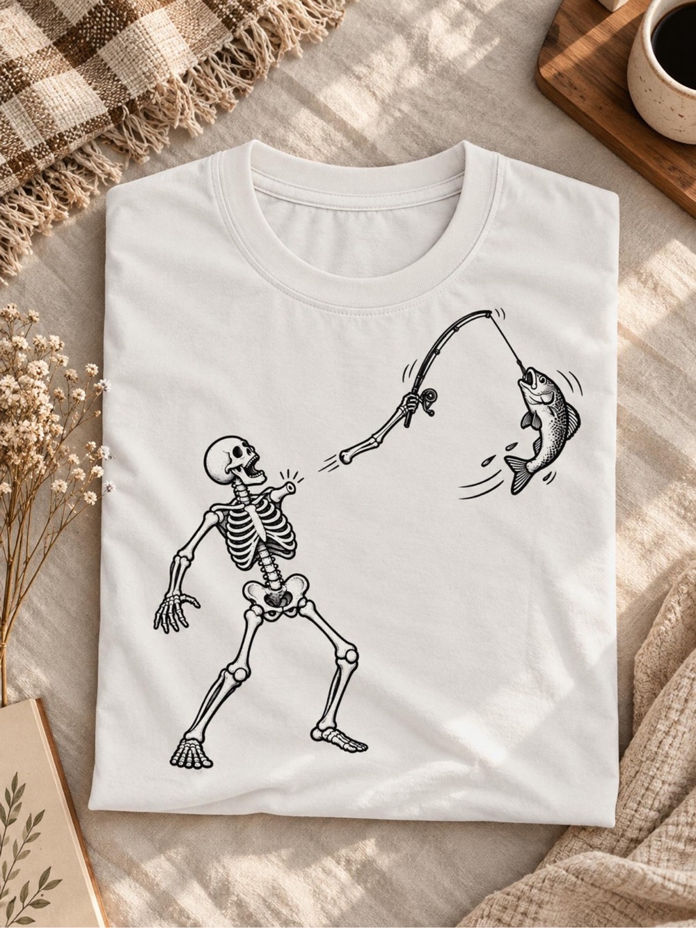 White Skeleton Fishing Graphic T-Shirt, Funny Halloween Unisex Tee